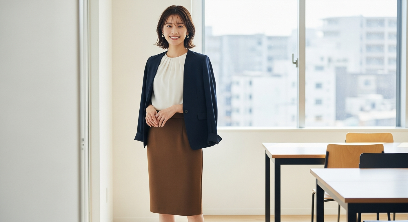 オフィス向けブラウンスカートコーデ
