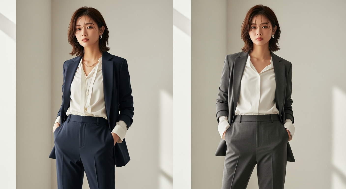 忙しい朝5分で決まる！40代のパンツスーツ着こなし3軸テクニック